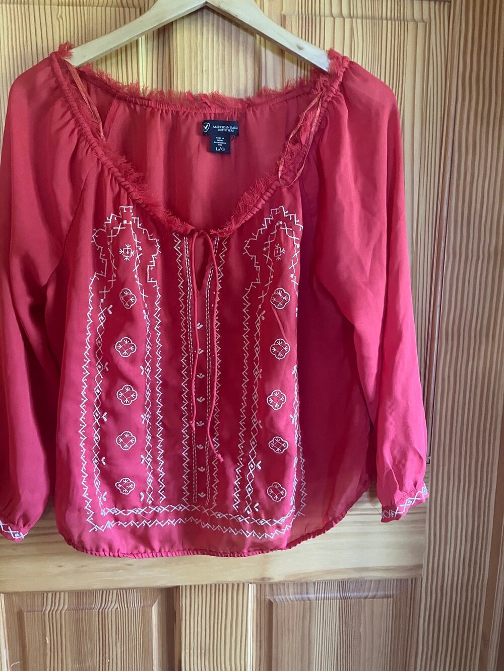 American Eagle Red Embroidered Boho Peasant Blouse Size Large